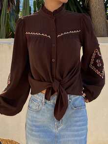 Livesso Casual Loose Fit Women's Blouse With Ruffle Collar - Coffee Brown - View 5