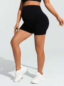 SHEIN Pregnant Women's Solid Color Elastic Waist Casual Fitness Shorts,Word Cup - Black - View 7