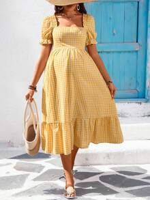 SHEIN 孕妇格子方领泡泡袖荷叶边下摆时尚连衣裙，适合度假 - 黃色 - 查看 7