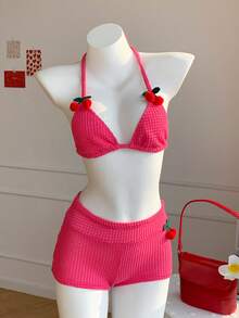 Comfortcana Women's Solid Color Cherry Decor Halter Cover-Up - Hot Pink - View 5