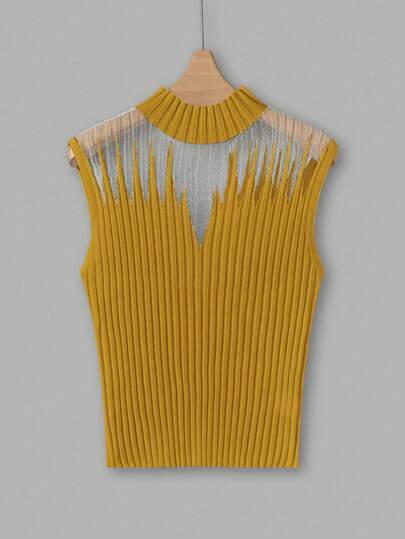 Franclia Women's With Color Block Design Sleeveless Knit Top Hollow Out Top Mustard Knit Top Yellow Top Women Knit Top Women