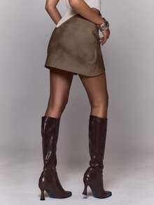 MUSERA Falda de piel sintética con detalle asimétrico de broches, de talle bajo, para salir, uso diario, noche, casual, cool, ropa de calle, lavada, ocasión, fiesta, verano - Marrón Chocolate - Ver 5
