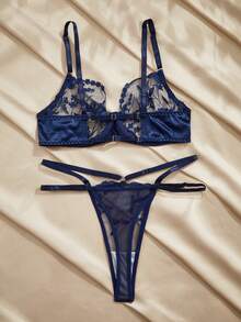 Charlaine Navy Blue Embroidered Floral Underwire Bra & Sheer Low-Waist Thong Lingerie Set