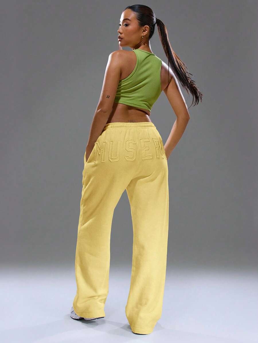 MUSERA 破洞阔腿宽松慢跑裤，舒适可爱休闲百搭，适合秋季、日常、冬季居家穿着。 - 淡黃色 - 查看 1
