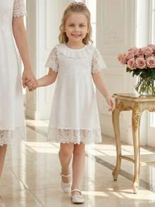 PrepCrw 1pc Young Girls Elegant White Summer Flower Girl Lace Embroidered Decor Collar Short Sleeve Knit Dress,Suitable For Wedding,Party,Festival Outings - White - View 10