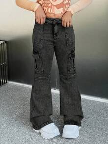 Young Girl' Blue Denim Elastic Skinny Flare Pants - Black - View 2