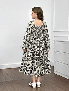 SHEIN Tween Girl Floral Printed Pattern Long Sleeve Dress - Apricot - View 2