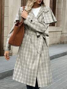 EMERY ROSE 女士格子拼接斗篷设计长袖优雅常规外套格子外套格子风衣格子风衣格子大衣女士长款格子大衣法式服装经典女装巴黎穿搭女士格子大衣女士格子风衣女士法式大衣女士秋季穿搭女士流行穿搭女士经典穿搭女士格子大衣 - 卡其色 - 查看 1