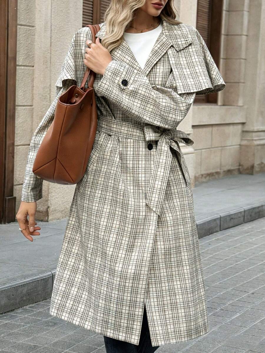 EMERY ROSE 女士格子拼接斗篷设计长袖优雅常规外套格子外套格子风衣格子风衣格子大衣女士长款格子大衣法式服装经典女装巴黎穿搭女士格子大衣女士格子风衣女士法式大衣女士秋季穿搭女士流行穿搭女士经典穿搭女士格子大衣 - 卡其色 - 查看 1