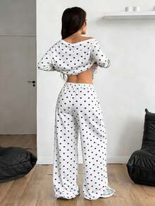 SHEIN ChicEase Women's Heart-Shaped Printed Oblique Shoulder Long-Sleeved Top+Loose Pant,White And Black 2Pcs Set,Autumn Casual Lounge Wear, Party Outfit Suit - White - View 2