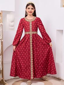SHEIN Tween Girl Elegant V-Neck Floral Print Gold Ribbon Trim Long Sleeve Dress - Red - View 1