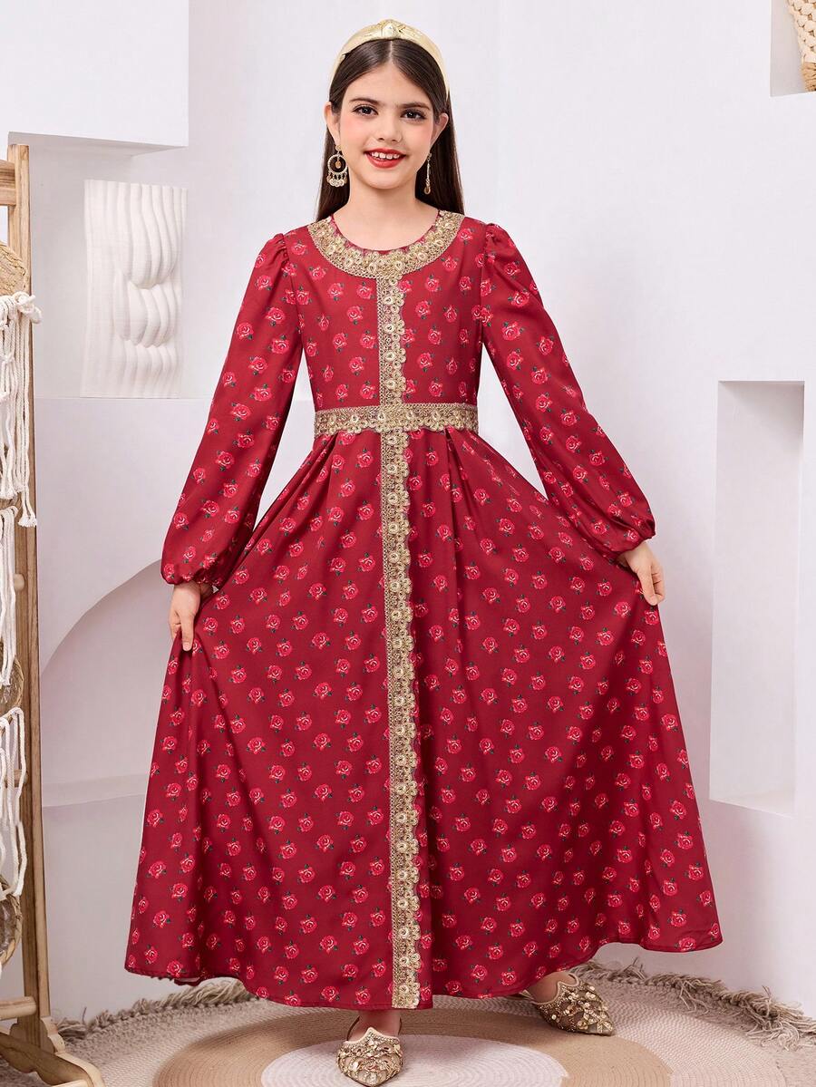 SHEIN Tween Girl Elegant V-Neck Floral Print Gold Ribbon Trim Long Sleeve Dress - Red - View 1