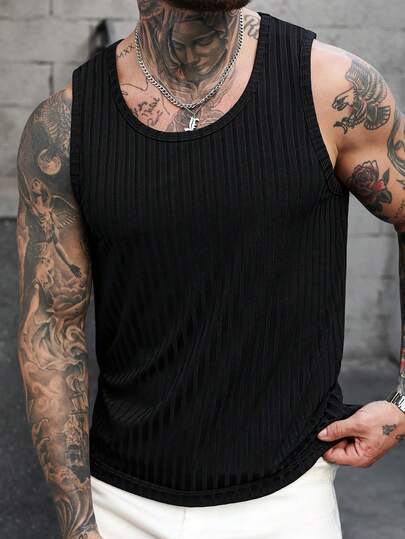 Manfinity CasualCool Camiseta de tirantes negra acanalada de corte ajustado para hombres, de tela suave y cómoda, versátil para combinar con cualquier atuendo, adecuada para uso casual en el hogar o actividades al aire libre