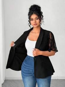 SHEIN Elenzya Elegant Lace Patchwork Waist Cinched Plus Size Women Blazer Jacket - Black - View 8