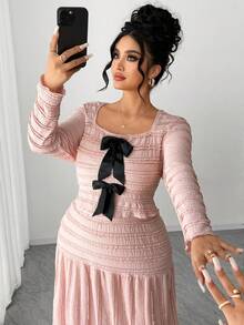 Elenzga Romantic Vintage Elegant Ruffled Texture Contrast Bow 2 Pieces Set, Casual Fashion For  Day - Pink - View 7