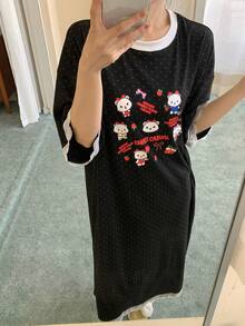 DAZY 卡通熊印花和波点印花宽松女士睡裙 - 黑色 - 查看 5