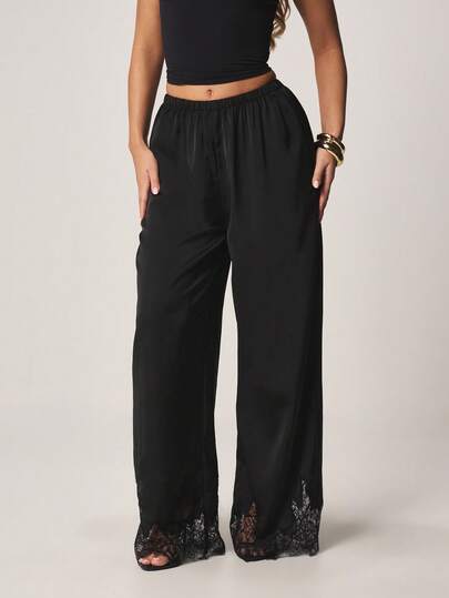 MISSGUIDED Wide Leg High Rise Palazzo Trousers With Lace Trim Hem Detail Elastic Waist Flowing Pants For Formal Occasions And Evening Wear