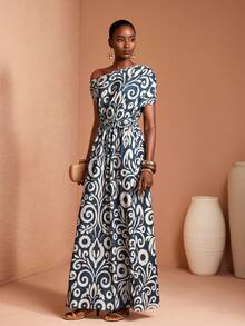 JIAN LASALA All-Over Print Knit Jersey One-Shoulder Drape Waist Tie Batwing Sleeves Women Maxi Dress Beach Wedding Guest - Multicolor - View 6