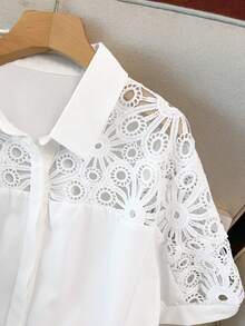 GlowEve CURVE Plus Size Women Hollow Out Patchwork Embroidered Decor Blouse, Suitable For Travel, Commute And Vacation - White - View 3