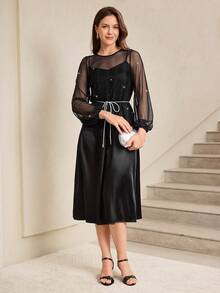 Miaspire This Elegant Women's Dress Features A Classic Pure Black Base. The Sheer Fabric Of The Bodice Is Adorned With Delicate Shimmering Silver Threads, Creating A Textured Contrast With The Matte Satin Skirt, Exuding A Subtly Luxurious Feel. The Floral Pattern Is A Minimalist Solid Color Design, Understated Yet Sophisticated. The Silhouette Consists Of A Sheer Long-Sleeved Top, A Belted Waist, And A Flowing Satin Skirt. The Lightweight Fabric Is Versatile Enough For Various Occasions, Showcasing Elegant Style. Perfect For Summer, It's Suitable For Evening Events, Casual Gatherings, Or Romantic Dates. The Pure Black Base Conveys A Sense Of Sophistication, While The Combination Of Sheer Fabric And Satin Showcases Fashionable Taste. It's A Versatile And Stylish Choice For Your Summer Wardrobe.,Summer Outfits - Black - View 7