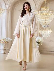 Al Najma Women's Elegant Embroidered Patchwork Halter Backless Cardigan Dress - Beige - View 7