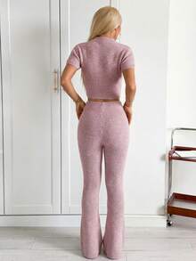 SHEIN EZwear Fashionable Sexy Solid Color Round Neck Raglan Short Sleeve Fitted Ribbed Sweater Set - Dusty Pink - View 2