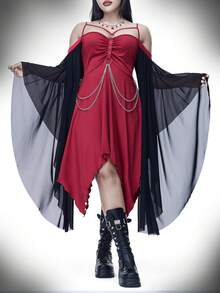 Coolane Váy đỏ hở vai tay loe họa tiết mạng nhện phong cách Gothic Y2K Punk dự tiệc Halloween cho nữ thu/đông - Màu Đỏ Sâu - Xem 3