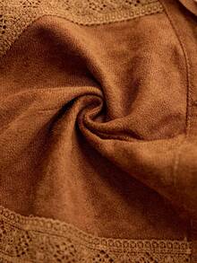 SHEIN VCAY Áo camisole cỡ lớn màu nâu cổ điển tua rua, chất liệu da lộn kết hợp ren móc, kiểu dáng lễ hội âm nhạc Bohemian, áo croptop hở lưng độc đáo cho đầu xuân/hè. - màu nâu - Xem 10