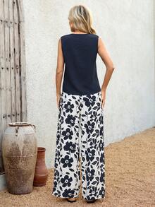 EMERY ROSE 女士休闲纯色纽扣前开襟背心和印花长裤两件套，夏季 - 彩色 - 查看 2