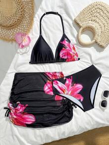 SHEIN Teen Girls Bikini Sets For Vacation, Black Base With Pink Flowers, Large Floral Pattern, Knitted Fabric, Hanging Neck Triangular Cup Design, Equipped With A Short Skirt Of The Same Color, Three Piece Fashion, Leisure, Exquisite And Gorgeous Ladies Suitable For Swimming, Suitable For Summer Vacation, Beach Beach, Swimming Pool, Summer Party, Leisure Vacation - Multicolor - View 1