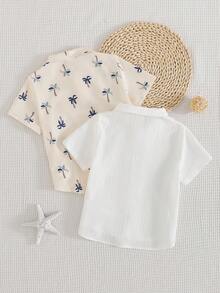Cozy Pixies 2pcs/Set Young Boys Palm Tree Pattern Lapel Short Sleeve Button-Up Textured Fabric Shirt Set - Multicolor - View 2