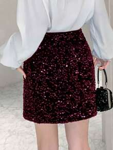 DAZY Jupe de fête à taille haute et pailletée de couleur unie, glamour pour le carnaval - Rouge foncé - Voir 2