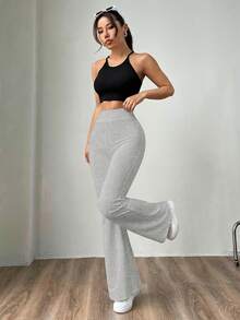 SHEIN EZwear Grey Knit Women's Skinny Flare Pants Wide Leg Sweatpants High Waist Pants Flared Leggings For Women Stretchy Pants Flare Sweat Pants - Grey - View 3