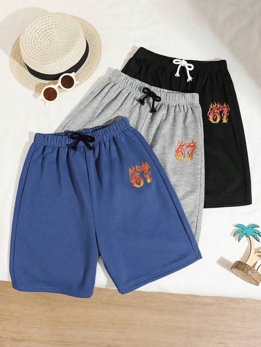 SHEIN 3件套 青少年男童度假学院风印花宽松直筒针织短裤，3种颜色 - 彩色 - 查看 1
