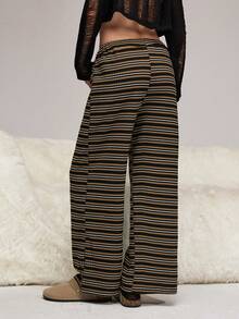 HautHeat Women Loose Striped Drawstring Casual Lounge Pants - Coffee Brown - View 2