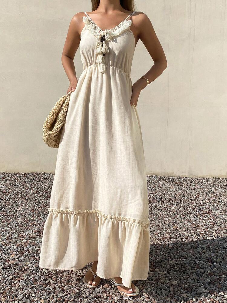 Women's Casual Vacation Solid Color Fringe Tassel Decor Ruffle Hem Sleeveless Dress, Summer Sundress Boho