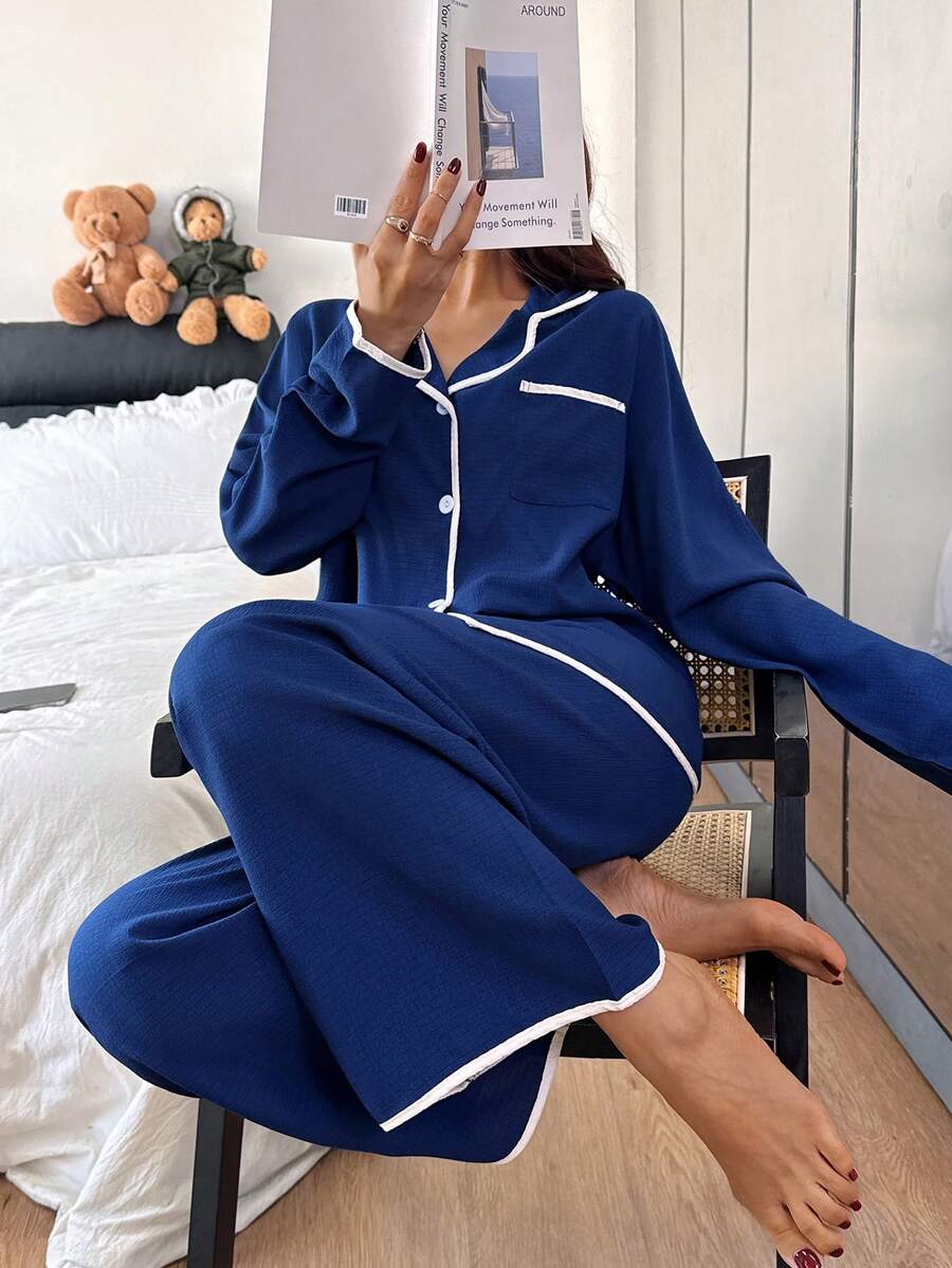 Dream Adore Women's Contrast Trim Lapel Loose Long Sleeve Pajama Set - Blue - View 1