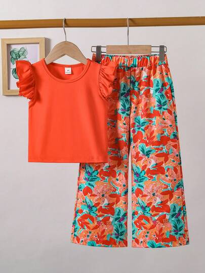 Set de 2 piezas con blusa de manga de volantes y pantalones rectos estampados para niñas, adecuado para vacaciones, salidas y uso casual