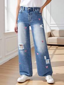 SHEIN Genkimix Kids Tween Girls 2025 Autumn & Winter Fashion Heart Embroidery Sweater And Distressed Wide Leg Jeans Set - Medium Wash - View 4