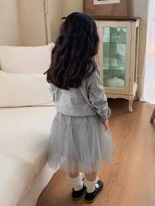 DAZY Young Girl Fashion Party Ladylike Button-Front Cardigan And Mesh Skirt Set, Suitable For Birthday Party - Light Grey - View 5