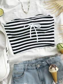 INAWLY Women's Striped Spaghetti Strap Top, Sleeveless Cropped Camisole For Beach & Holiday - Black and White - View 1