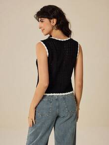 Felipe Marques Women's Floral Embroidery Sleeveless Cardigan, Waist Cinched, Casual Bohemian Style, Suitable For Autumn, Winter, Spring - Black - View 2