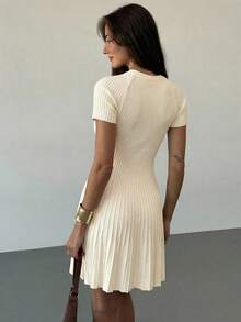 Aloruh Women's Elegant Commuter Minimalist Beige Knit A-Line Dress - Beige - View 2