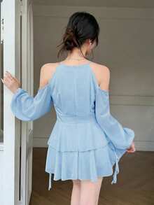 Celisse Vestido de oficina elegante de mujer con hombros descubiertos y mangas farol de unicolor - Celeste - Ver 2