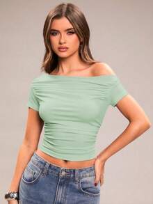 SHEIN BAE Áo thun nữ dáng ôm, màu trơn, kiểu dáng thường ngày, xếp ly, vai bất đối xứng, thích hợp cho kỳ nghỉ hè. - Màu xanh Bạc hà - Xem 4