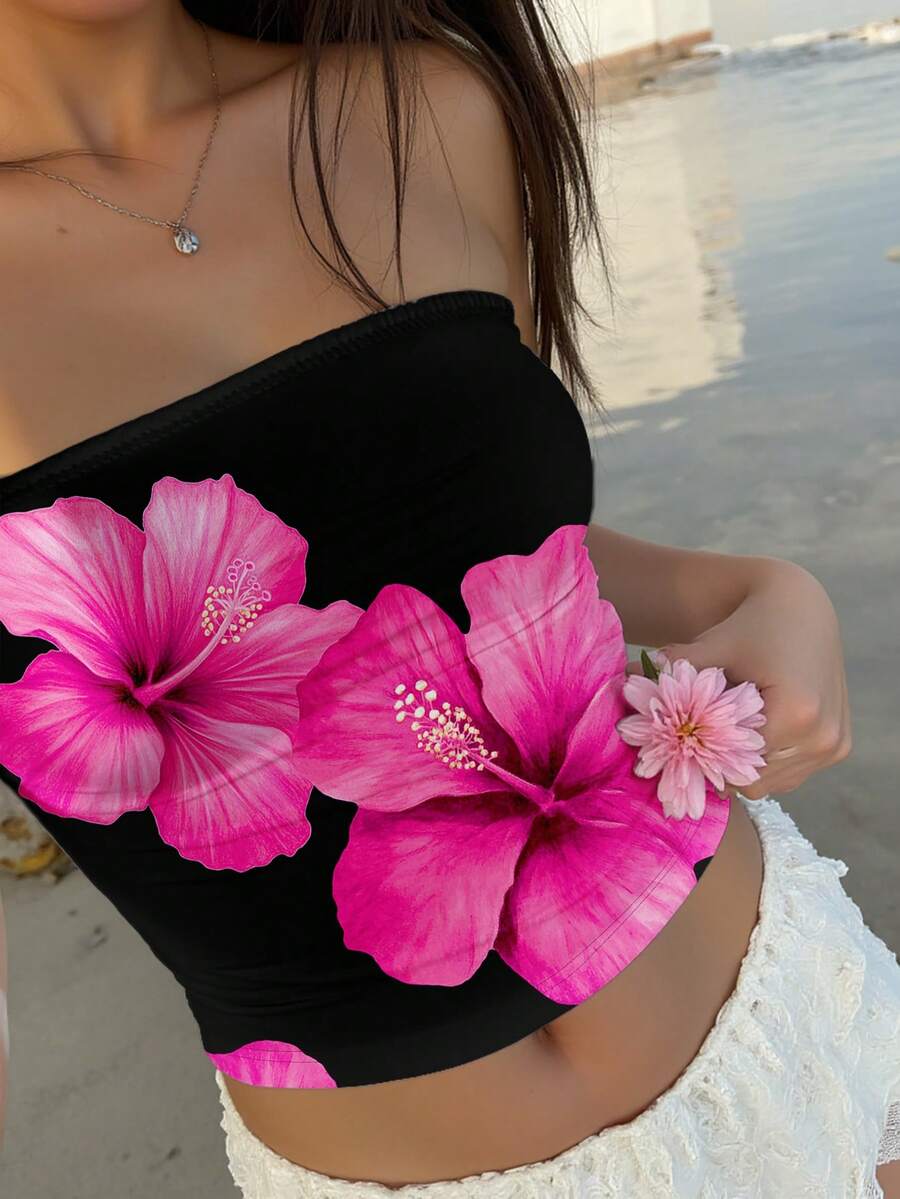 Aloruh Áo croptop quây in hoa dáng rộng thoải mái dành cho nữ, thích hợp cho mùa hè. - Nhiều màu - Xem 1