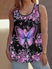 SHEIN LUNE Plus Size Women Floral & Butterfly Print Tank Top, Summer - Multicolor - View 3