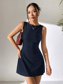 SHEIN EZwear 女士藏蓝色无袖露背梭织连衣裙 - 藏蓝色 - 查看 6
