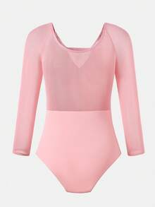 SHEIN 少女优雅粉色芭蕾舞网纱长袖紧身衣，丝滑弹力天鹅绒面料搭配光滑网纱拼接