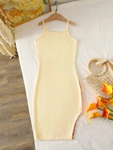 Girls Yellow Vacation Cami Graphic Floral Print Polyester Split Long Summer Dress - Yellow - View 3